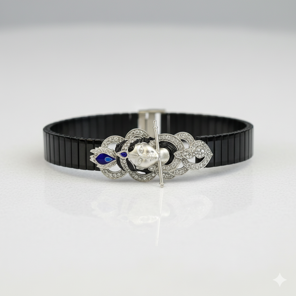 Krishna Face Silver Bracelet – With Peacock Feather Design
