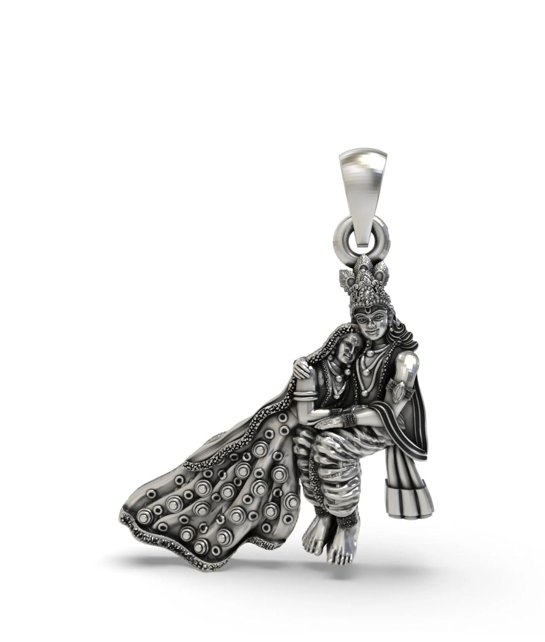 Handcrafted Antique Finish Sterling Silver Radha Krishna on Peacock Swing Pendant