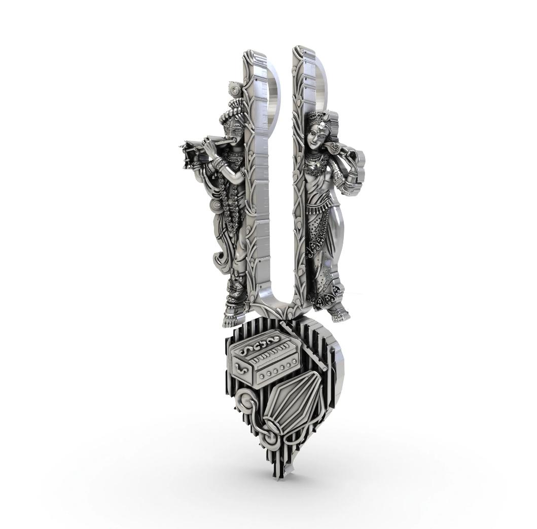 Antique Silver Radha Krishna vaishnav Tilak pendant with Harmonium & Dholak
