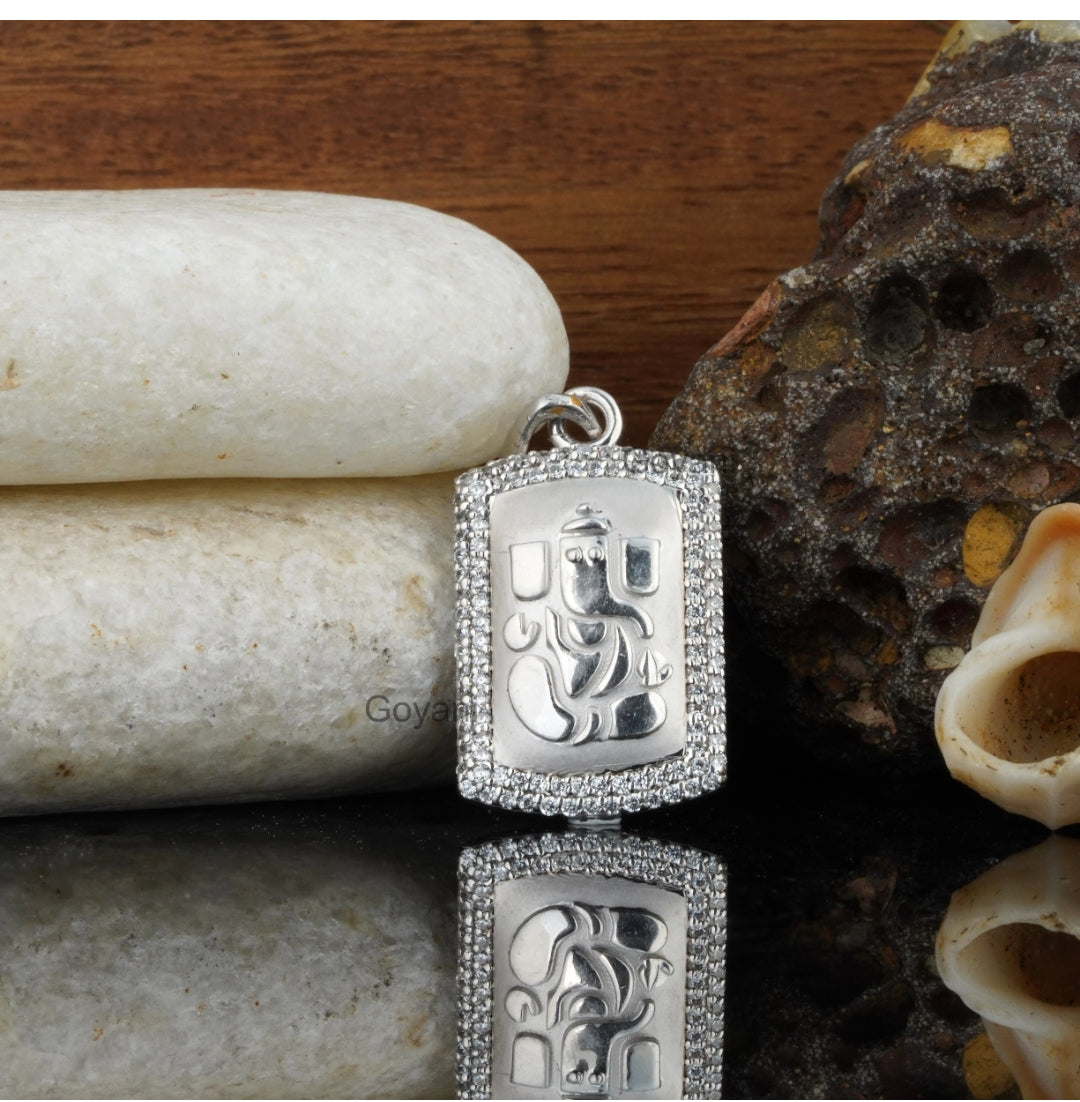 925 Sterling Silver Lord Ganesha Pendant – Rectangular Diamond Border Vinayaka Charm, Religious Hindu Deity Jewelry for Men and Women
