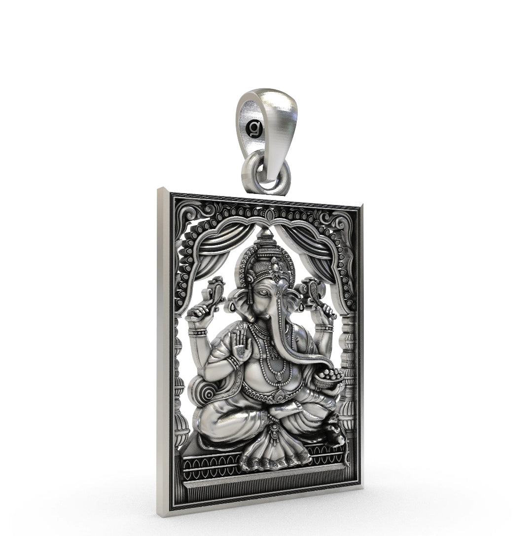 Antique Finish 925 Sterling Silver Lord Ganesha Rectangular Frame Pendant