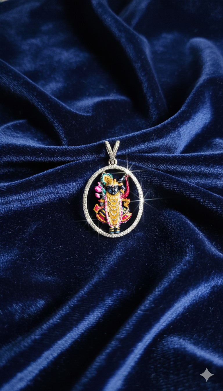 925 Silver Shrinathji Round Pendant with CZ Stones
