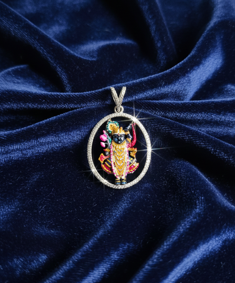 925 Silver Shrinathji Round Pendant with CZ Stones