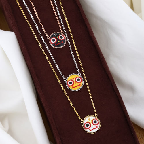 925 Silver Lord Jagannath, Balabhadra, and Subhadra Enamel Pendant Necklace Set