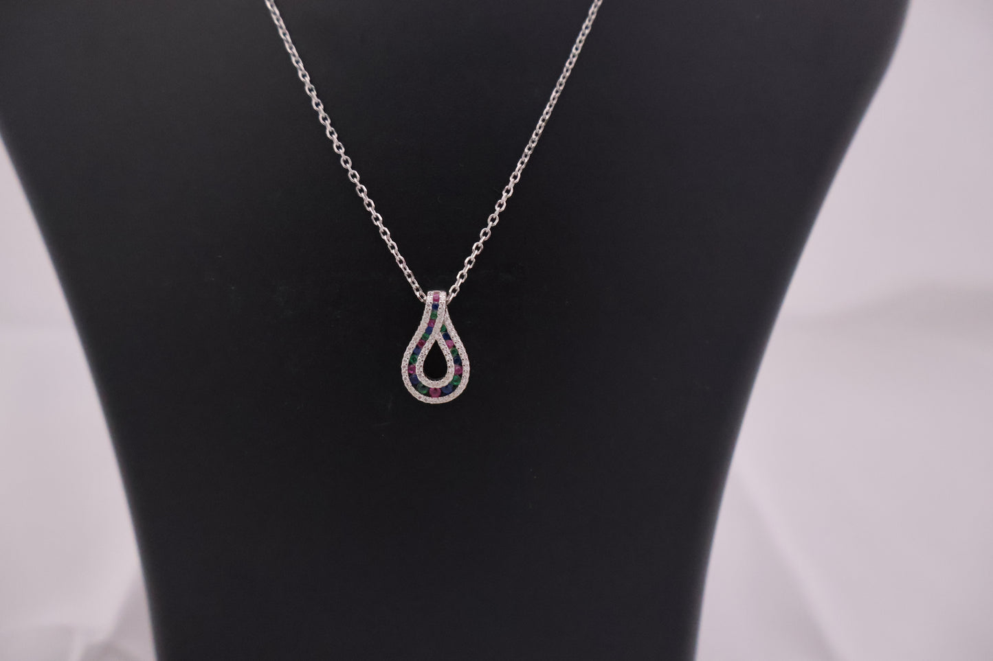 Silver Teardrop Necklace with Multi-Color Stones