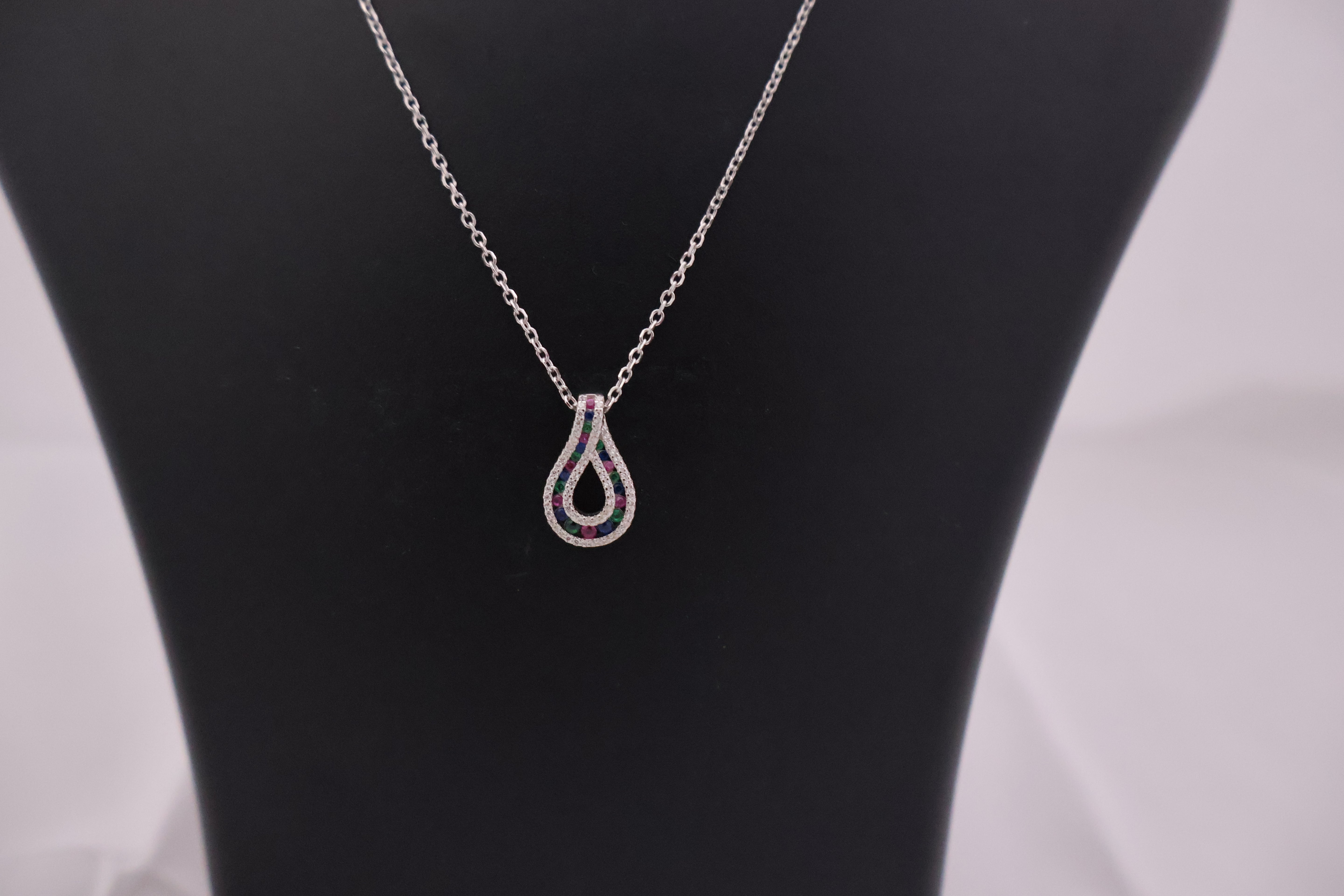 Silver Teardrop Necklace with Multi-Color Stones
