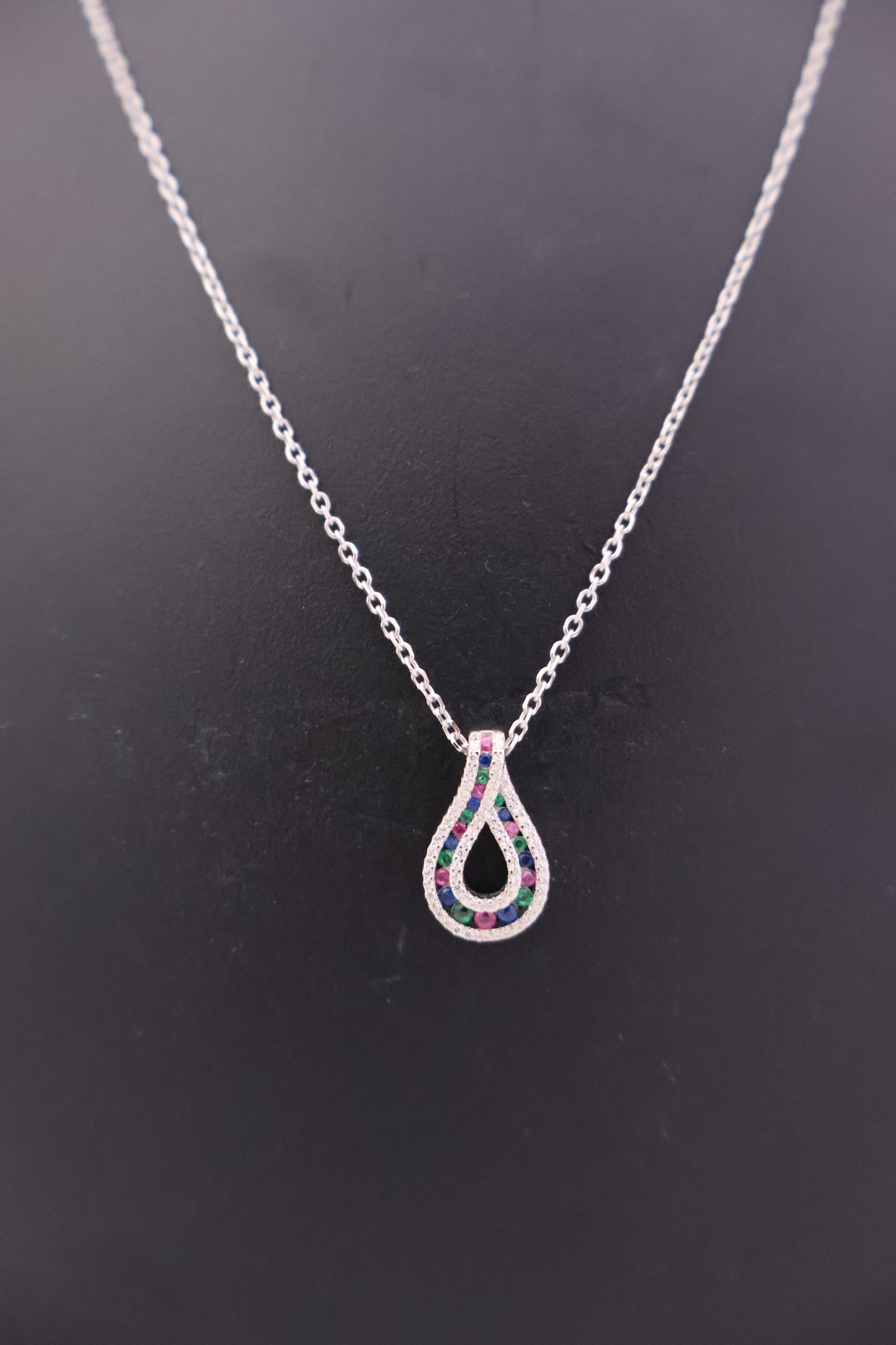 Silver Teardrop Necklace with Multi-Color Stones