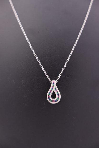 Silver Teardrop Necklace with Multi-Color Stones