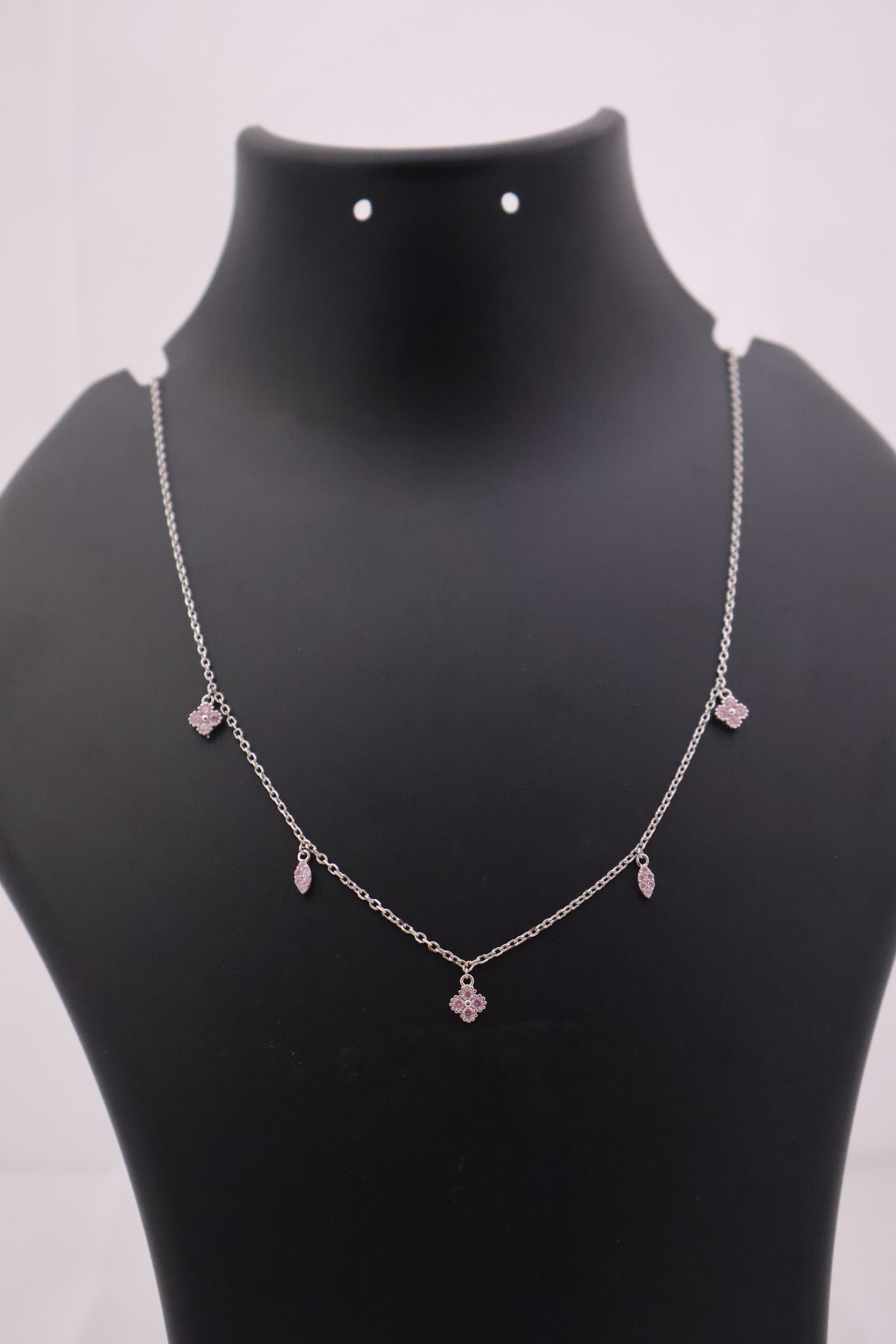 Pink Blossom & Leaf Sterling Silver Charm Necklace