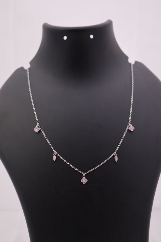 Pink Blossom & Leaf Sterling Silver Charm Necklace