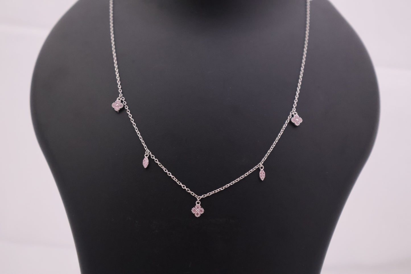 Pink Blossom & Leaf Sterling Silver Charm Necklace