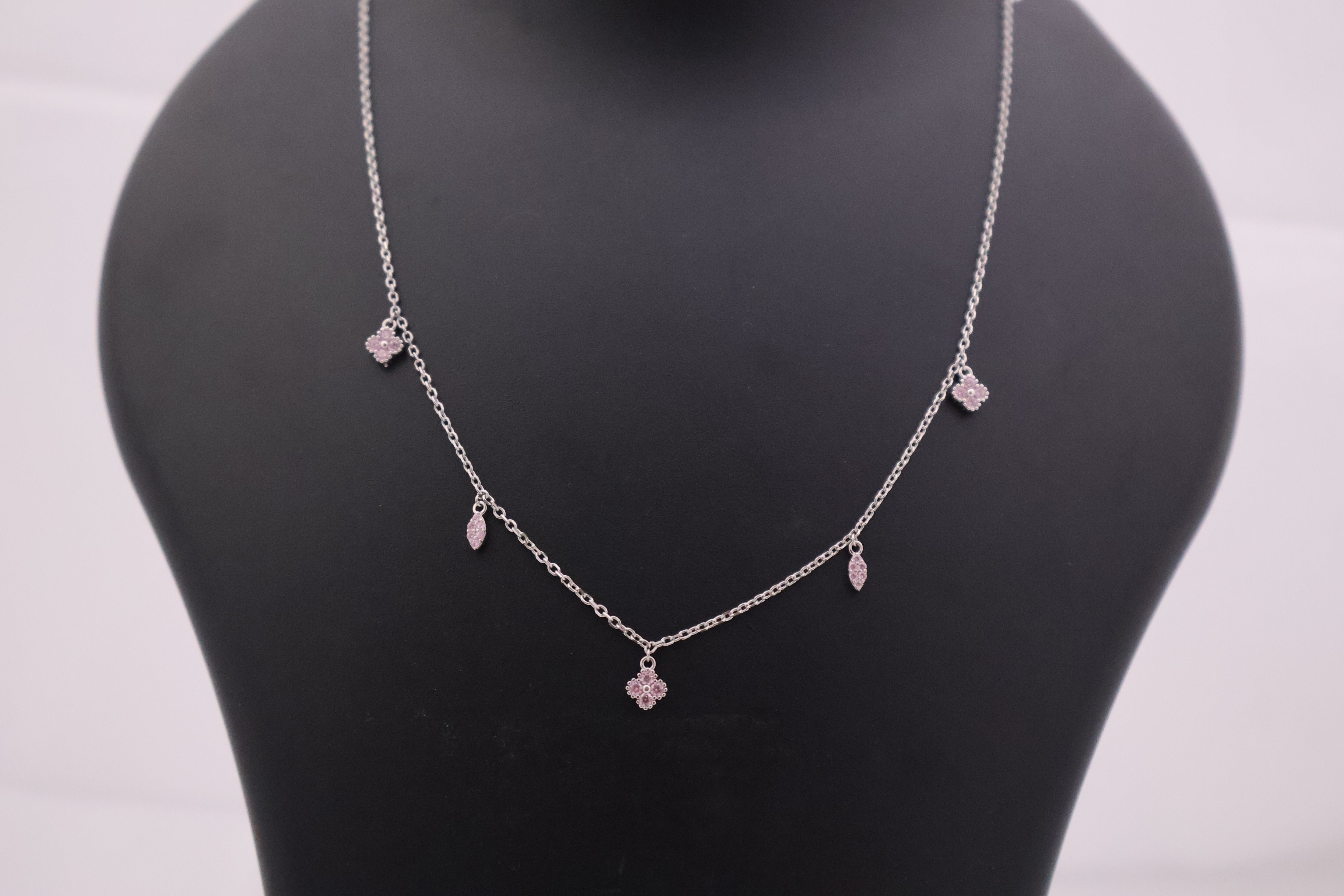 Pink Blossom & Leaf Sterling Silver Charm Necklace