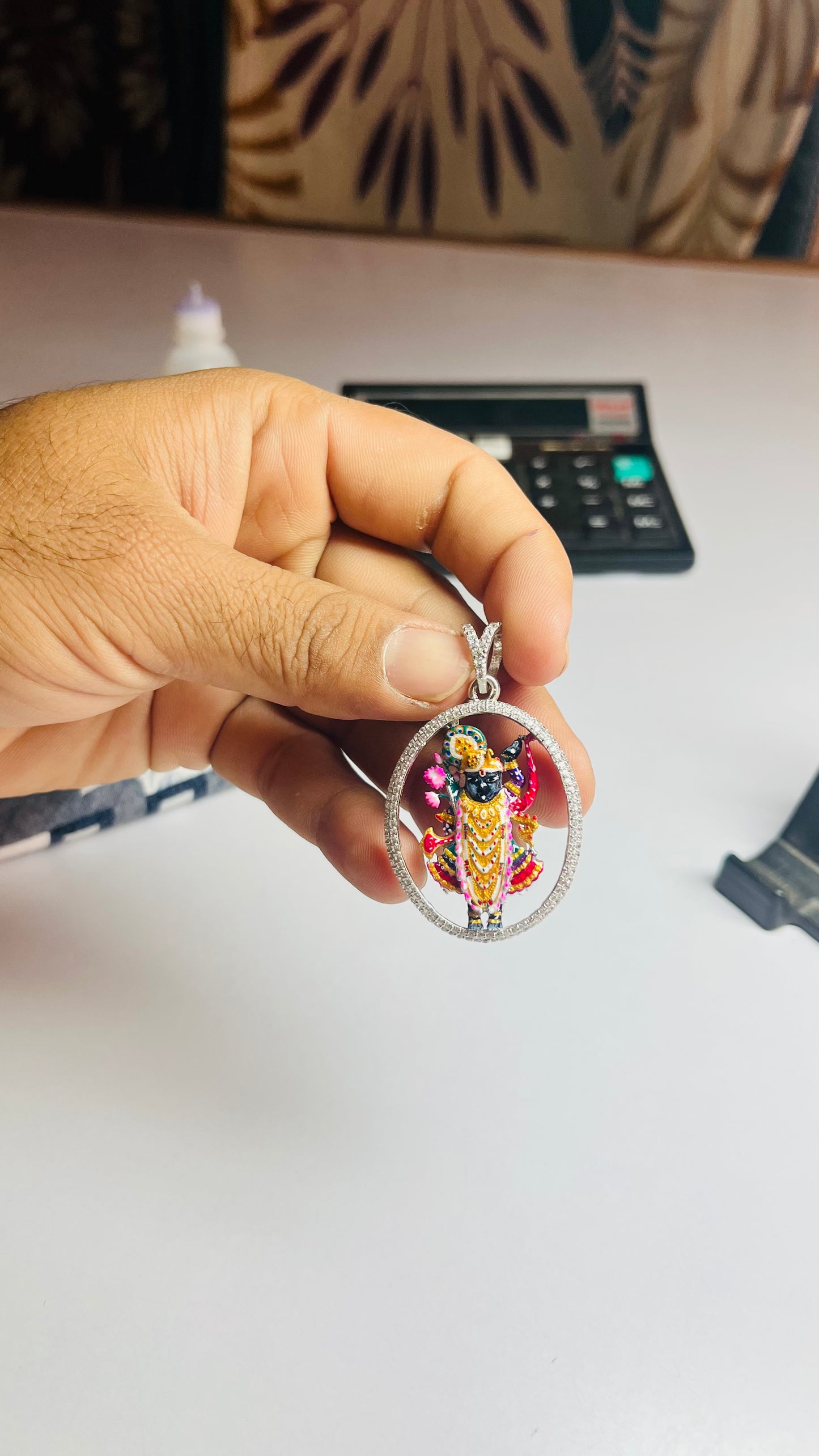 925 Silver Shrinathji Round Pendant with CZ Stones
