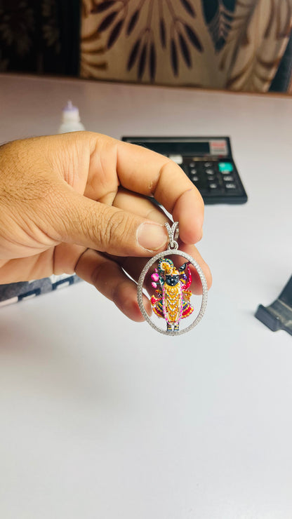 925 Silver Shrinathji Round Pendant with CZ Stones