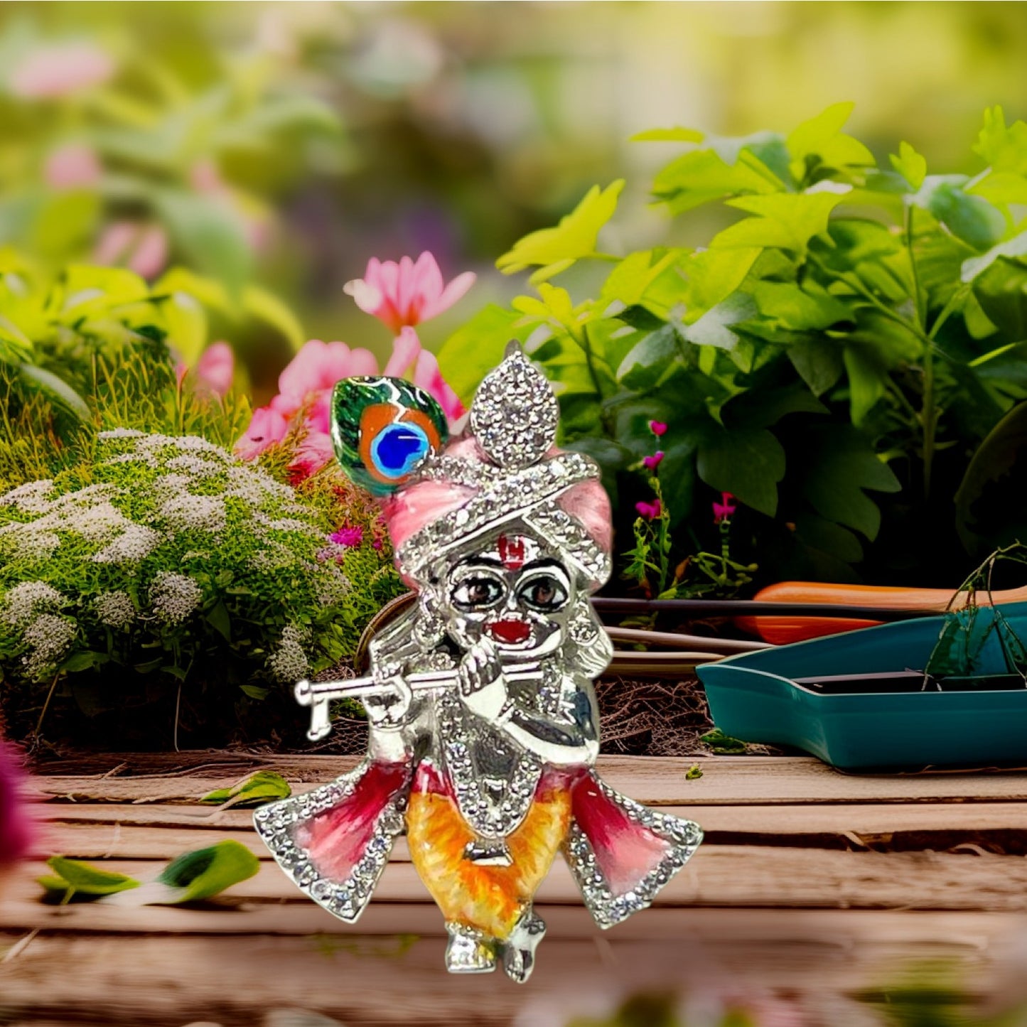Silver Bal Gopal Idol with Enamel Work & Flute