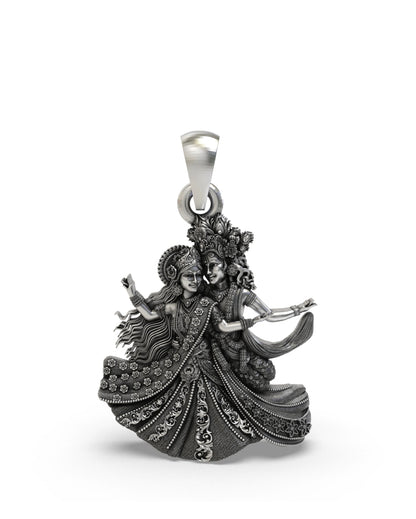 Divine Radha Krishna Raas Leela Silver Pendant – Antique Finish Dancing Deity Locket
