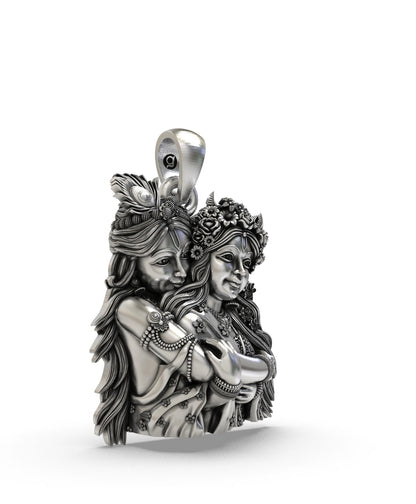Divine Radha Krishna Embracing Pendant in Oxidized Sterling Silver