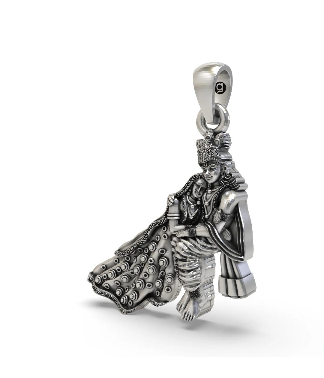 Handcrafted Antique Finish Sterling Silver Radha Krishna on Peacock Swing Pendant