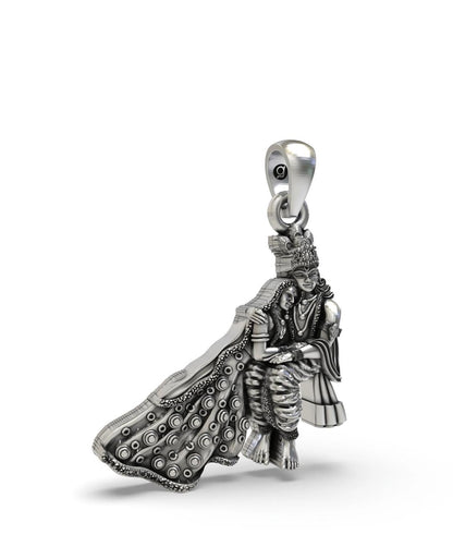 Handcrafted Antique Finish Sterling Silver Radha Krishna on Peacock Swing Pendant
