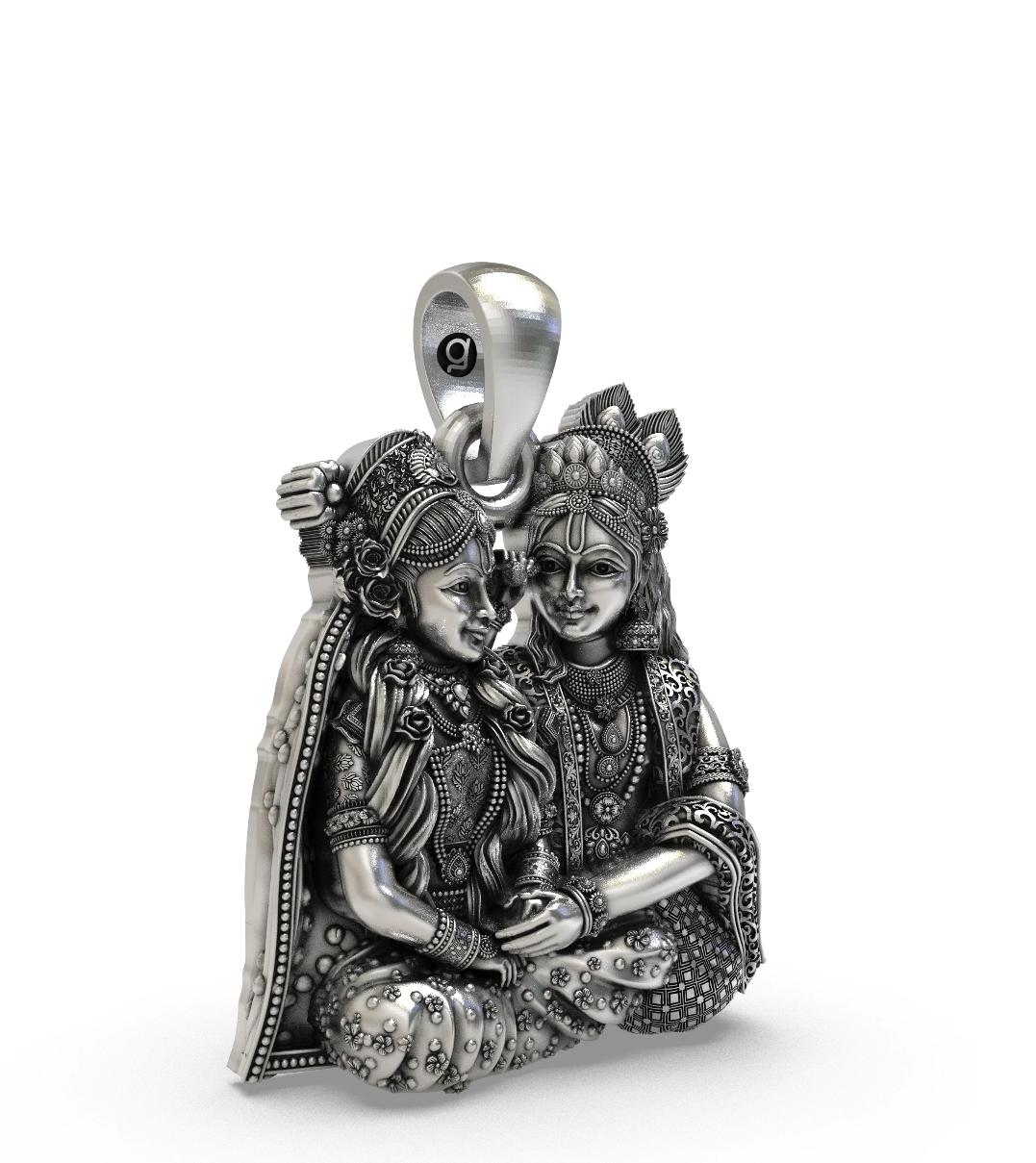 Handcrafted Antique Oxidized Sterling Silver Radha Krishna Devotional Pendant
