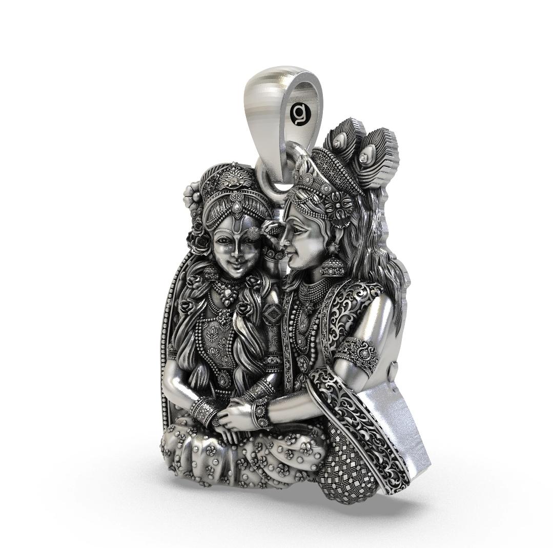 Handcrafted Antique Oxidized Sterling Silver Radha Krishna Devotional Pendant
