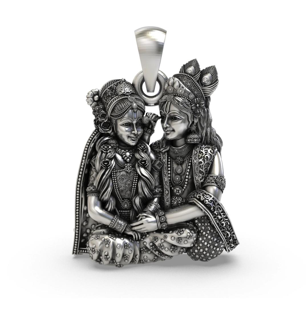 Handcrafted Antique Oxidized Sterling Silver Radha Krishna Devotional Pendant