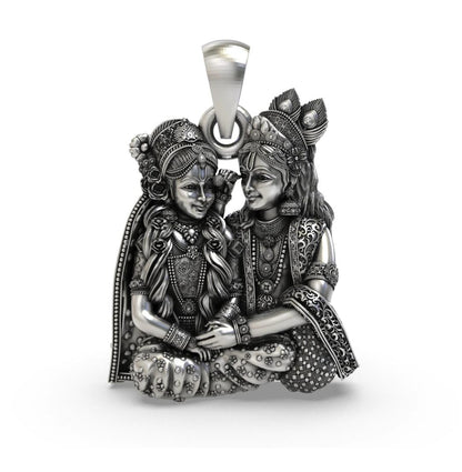 Handcrafted Antique Oxidized Sterling Silver Radha Krishna Devotional Pendant