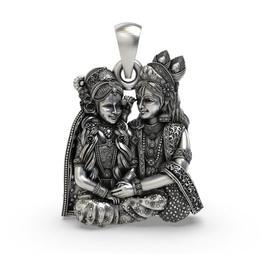Handcrafted Antique Oxidized Sterling Silver Radha Krishna Devotional Pendant