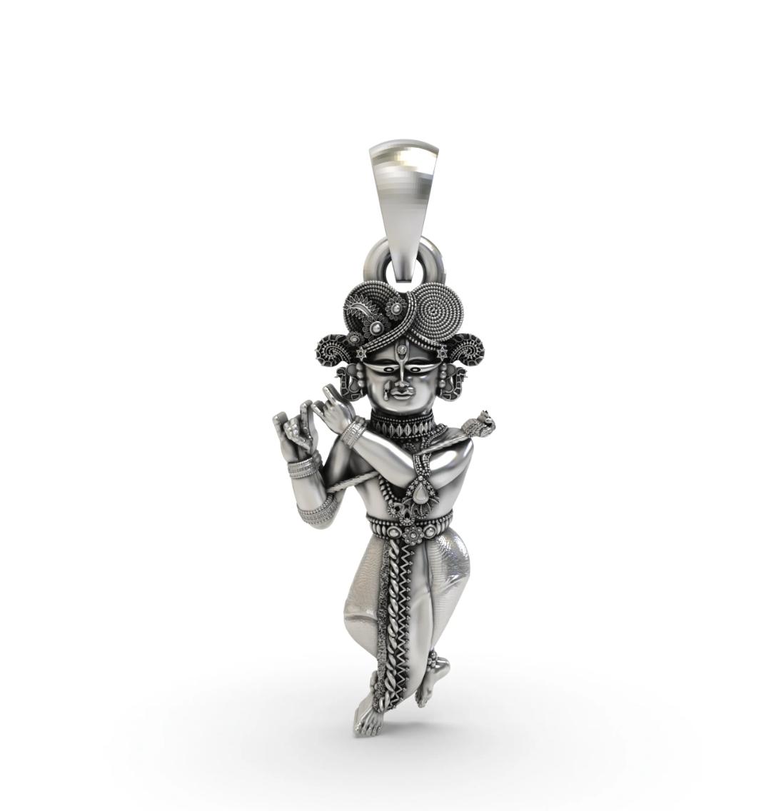 Handcrafted 925 Sterling Silver shri radha raman Lord Krishna Flute Player Pendant – Antique Finish Divine Jewelry