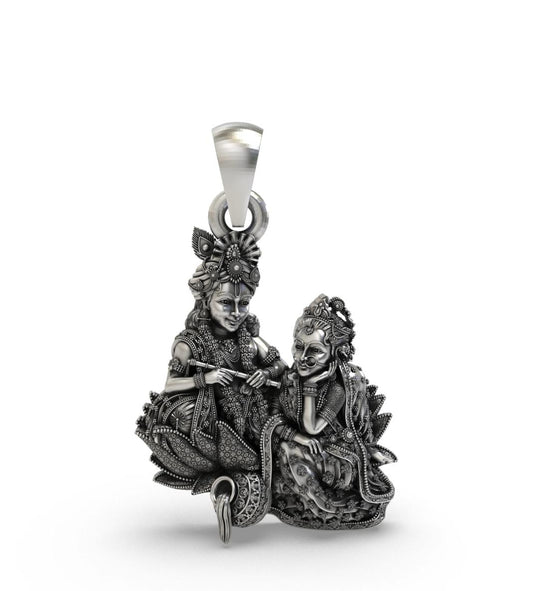 Antique Sterling Silver Radha Krishna Pendant | Divine Hindu Deity Oxidized Jewelry | Spiritual Love Symbol pendant Charm