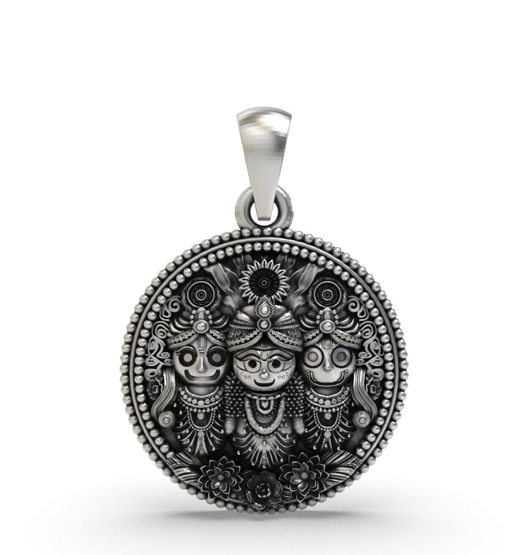 925 Sterling Silver Lord Jagannath, Balabhadra, and Subhadra Round Coin Pendant | Antique Finish Oxidized Religious Deities Charm