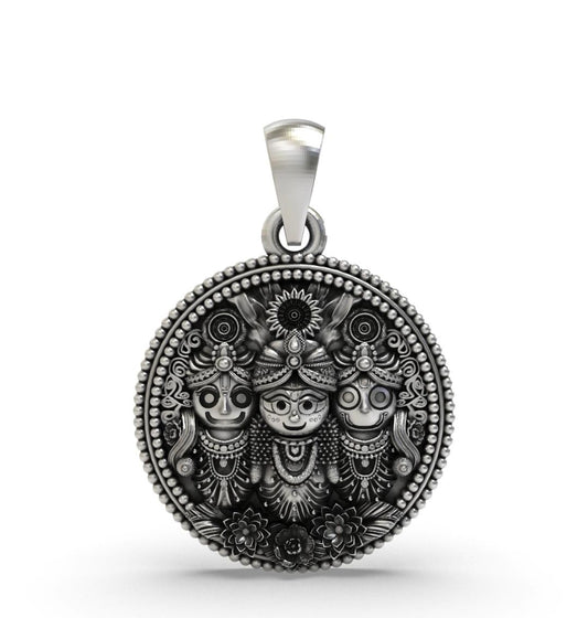 925 Sterling Silver Lord Jagannath, Balabhadra, and Subhadra Round Coin Pendant | Antique Finish Oxidized Religious Deities Charm