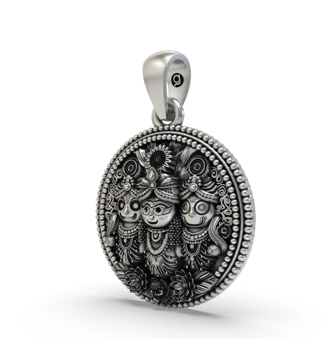 925 Sterling Silver Lord Jagannath, Balabhadra, and Subhadra Round Coin Pendant | Antique Finish Oxidized Religious Deities Charm