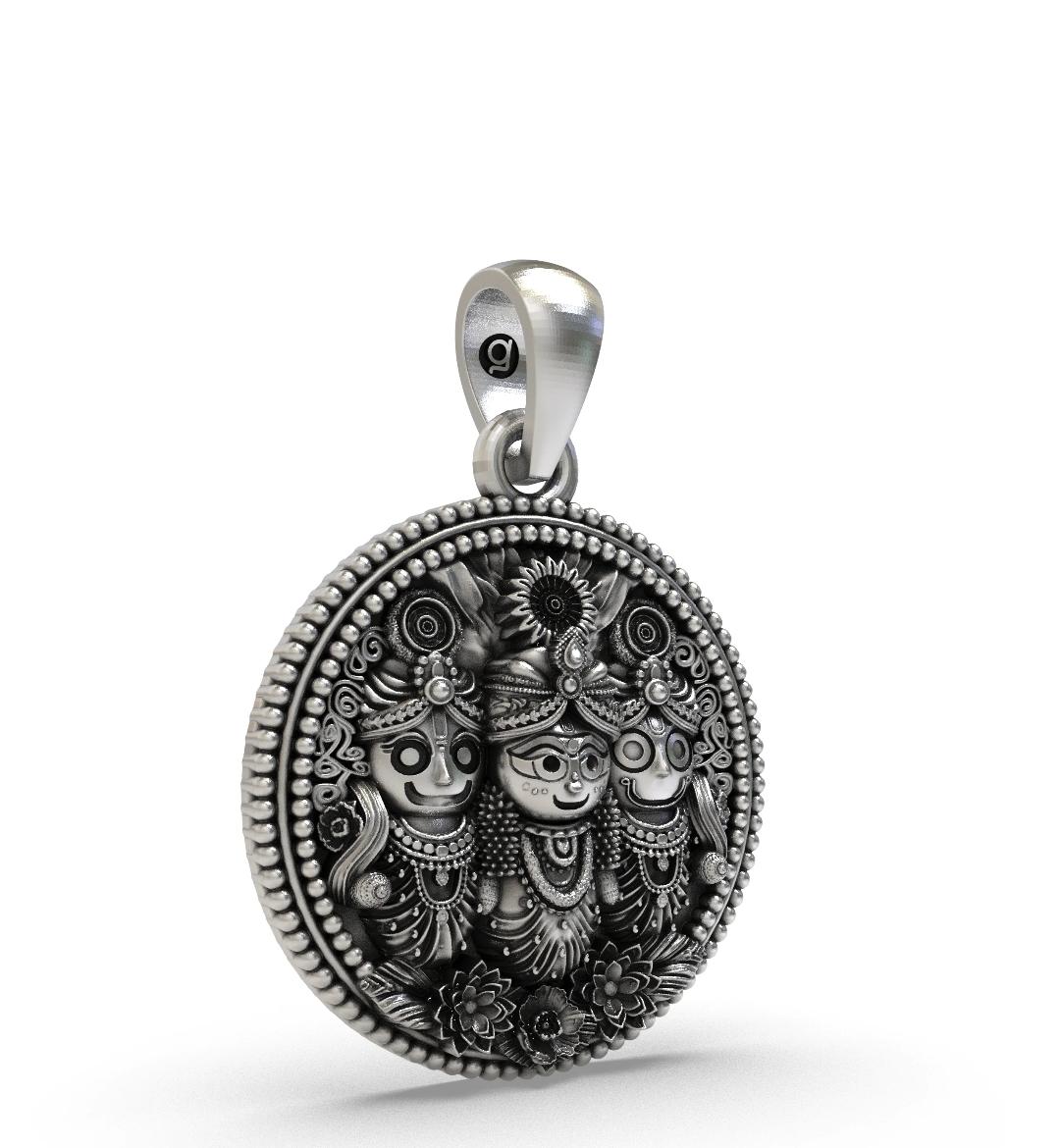 925 Sterling Silver Lord Jagannath, Balabhadra, and Subhadra Round Coin Pendant | Antique Finish Oxidized Religious Deities Charm