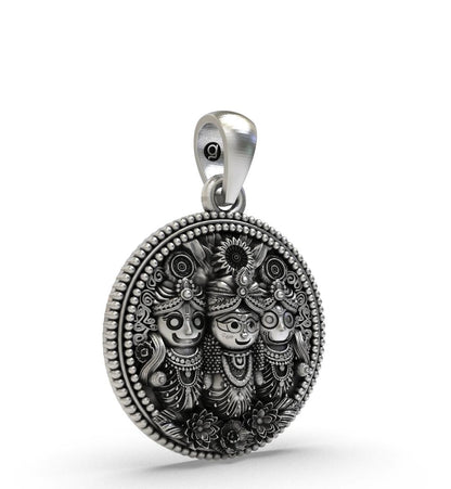 925 Sterling Silver Lord Jagannath, Balabhadra, and Subhadra Round Coin Pendant | Antique Finish Oxidized Religious Deities Charm