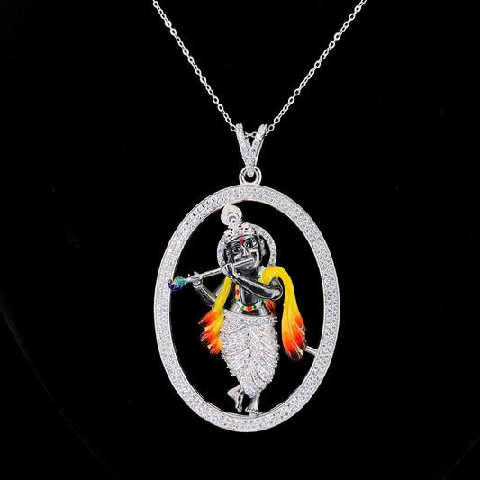Lord Krishna Flute Oval Pendant – Diamond Finish 925 Sterling Silver