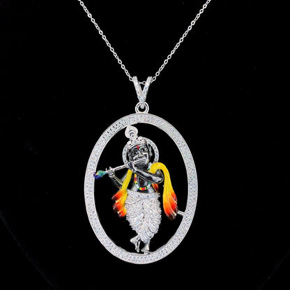 Lord Krishna Flute Oval Pendant – Diamond Finish 925 Sterling Silver