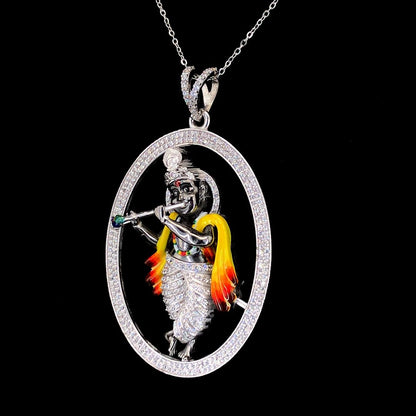 Lord Krishna Flute Oval Pendant – Diamond Finish 925 Sterling Silver