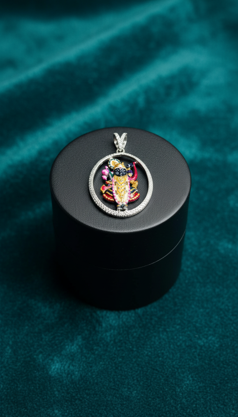 925 Silver Shrinathji Round Pendant with CZ Stones