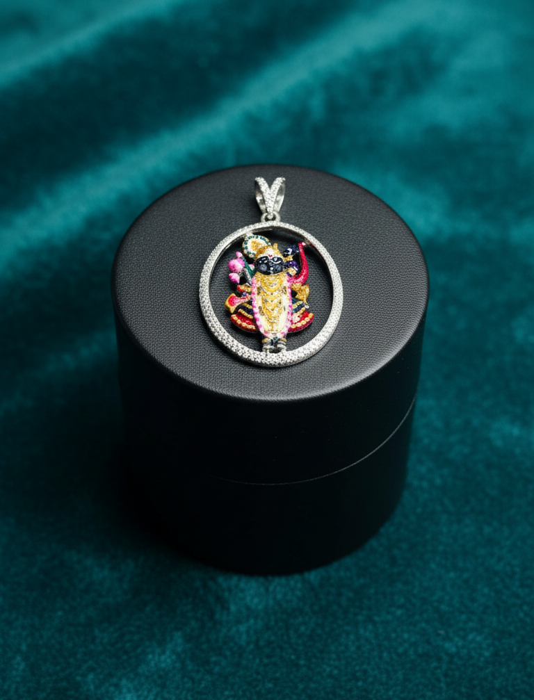925 Silver Shrinathji Round Pendant with CZ Stones