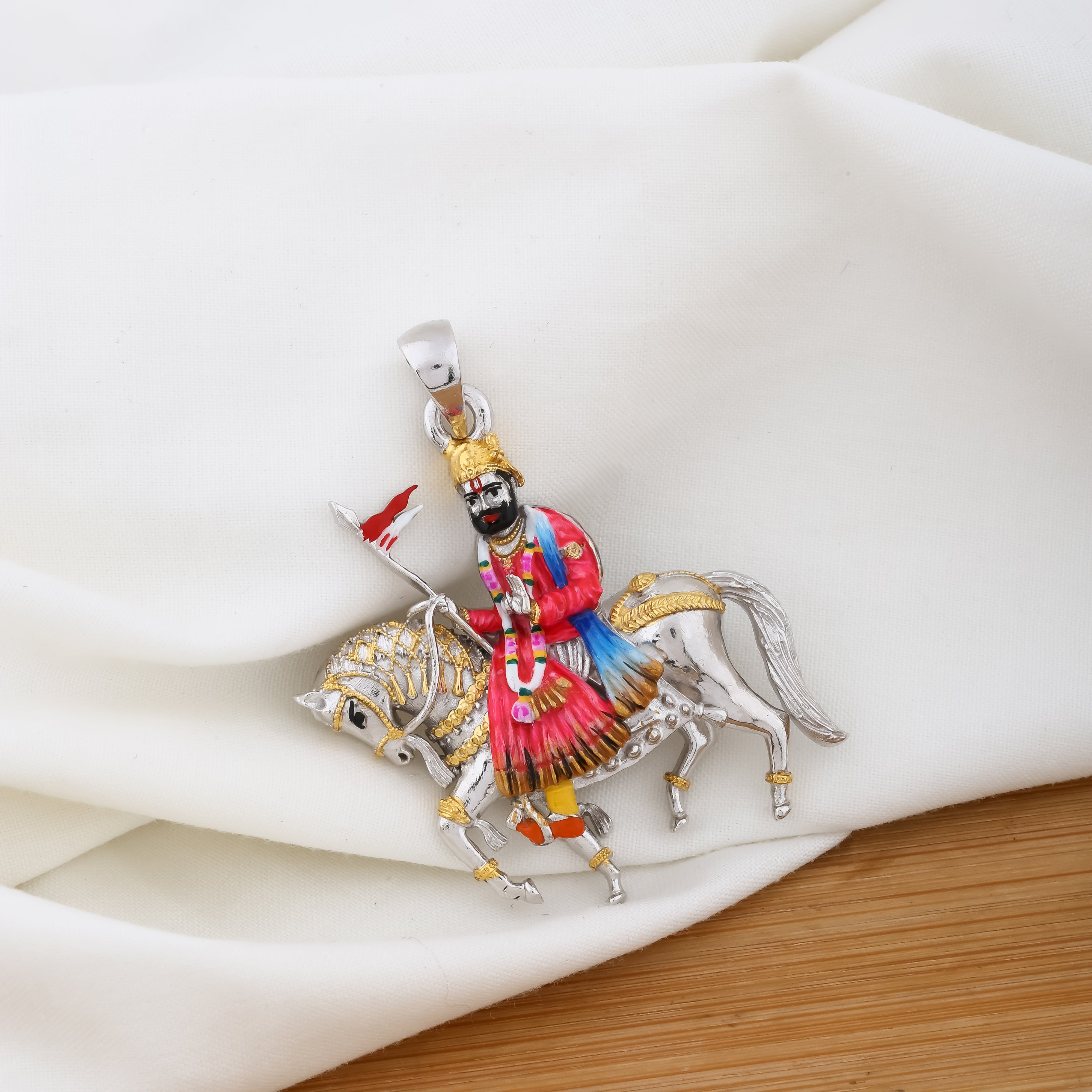 925 Silver Ramdevpir Pendant with Intricate Meena Work Detailing – Spiritual Jewelry for Devotees