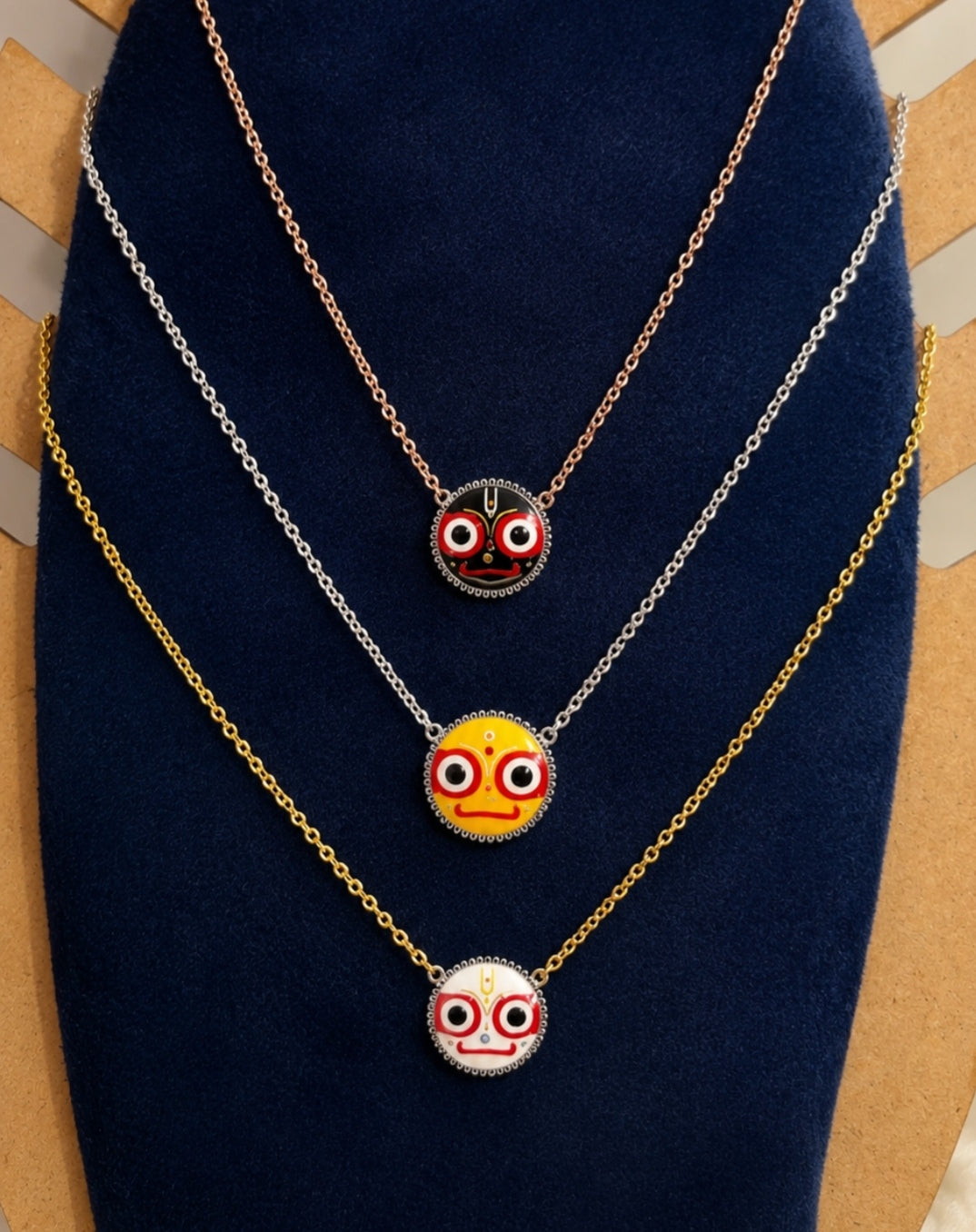 925 Silver Lord Jagannath, Balabhadra, and Subhadra Enamel Pendant Necklace Set