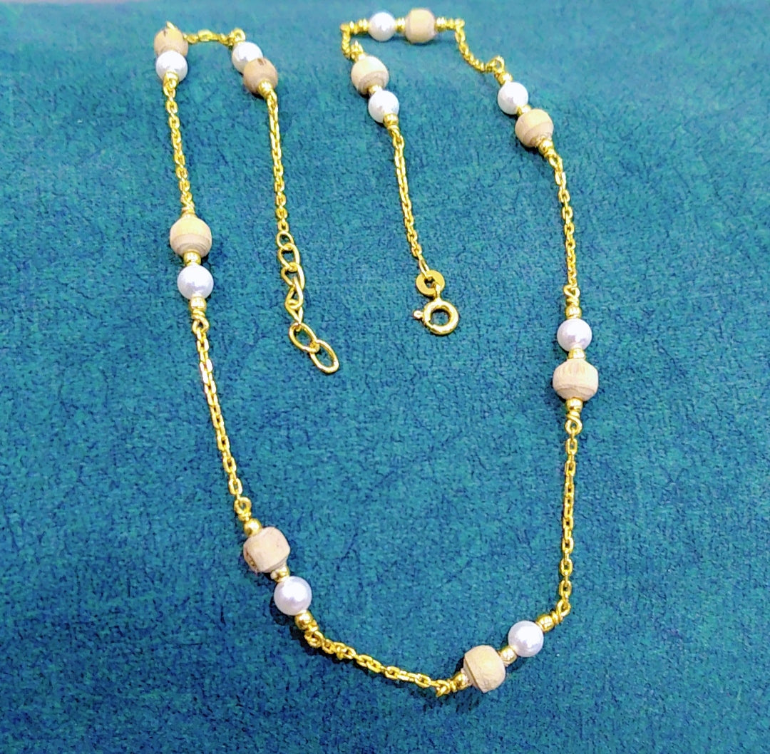 925 silver+24 k Gold polish with "Tulsi and pearls"Chain Necklace