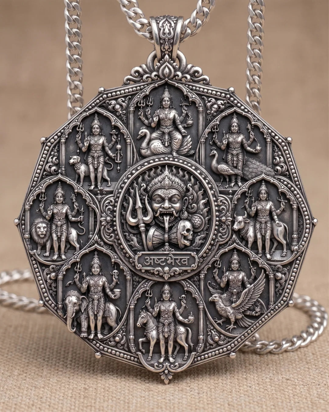 925 sterling silver Ashta Bhairava Silver Mandala Pendant