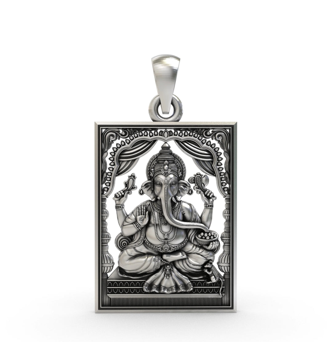 Antique Finish 925 Sterling Silver Lord Ganesha Rectangular Frame Pendant