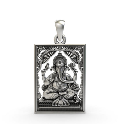 Antique Finish 925 Sterling Silver Lord Ganesha Rectangular Frame Pendant