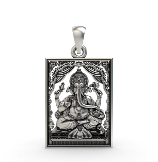 Antique Finish 925 Sterling Silver Lord Ganesha Rectangular Frame Pendant