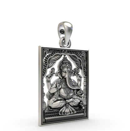 Antique Finish 925 Sterling Silver Lord Ganesha Rectangular Frame Pendant