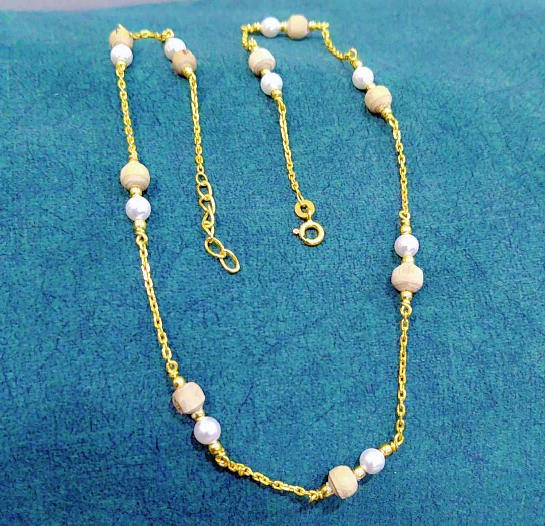 925 silver+24 k Gold polish with "Tulsi and pearls"Chain Necklace