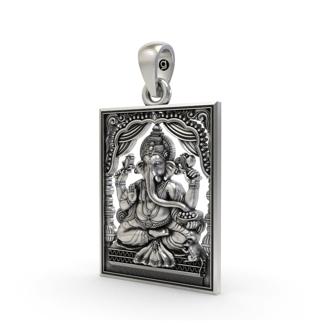 Antique Finish 925 Sterling Silver Lord Ganesha Rectangular Frame Pendant